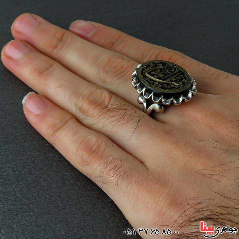 انگشتر عقیق سیاه (اونیکس) با حکاکی گود و هنری یا امام رضا _کد:22519