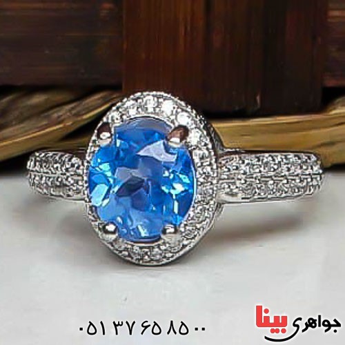 انگشتر توپاز آبی سوئیسی خوشرنگ زنانه _کد:22607