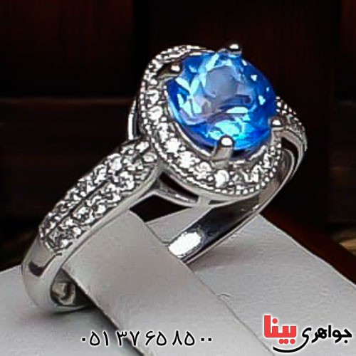 انگشتر توپاز آبی سوئیسی خوشرنگ زنانه _کد:22607