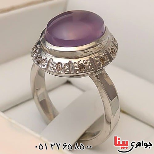 انگشتر عقیق یمنی یاسی و الماس خوشرنگ زنانه _کد:22642