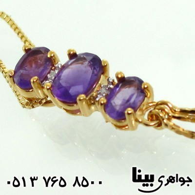 گردنبند آمتیست و الماس سه نگین عمودی