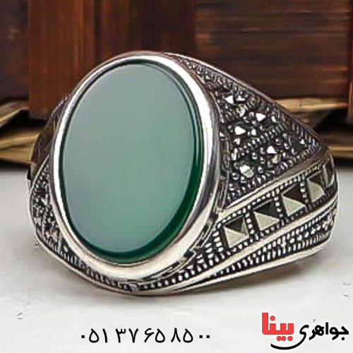 انگشتر عقیق سبز خوش رنگ و اسپرت مارکازیتی مردانه _کد:22863