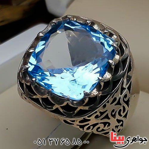 انگشتر توپاز آبی سوئیسی دست ساز و فاخر مردانه _کد:23017