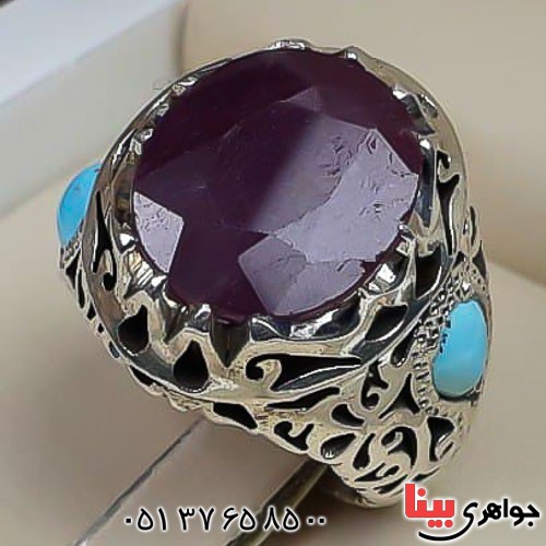 انگشتر یاقوت سرخ و فیروزه نیشابوری فاخر مردانه _کد:23125