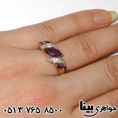 انگشتر آمتیست سه نگین درشت و الماس