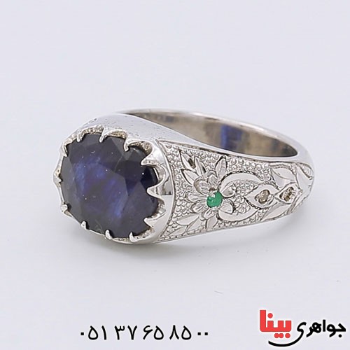 انگشتر یاقوت کبود دور زمرد و برلیان _کد:23315