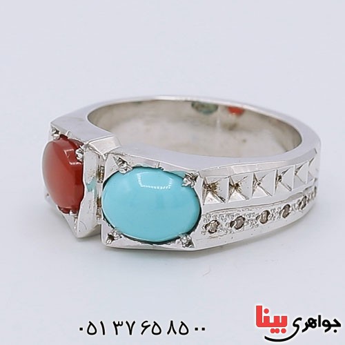 انگشتر چند جواهر فیروزه نیشابوری و عقیق دور برلیانی _کد:23326