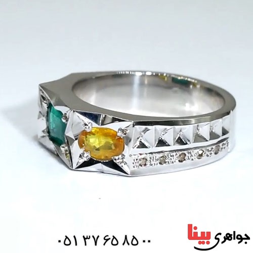 انگشتر چند جواهر زمرد و یاقوت زرد دور الماس _کد:23327
