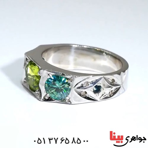 انگشتر چند جواهر موزانایت و زبرجد لوکس مردانه _کد:23328