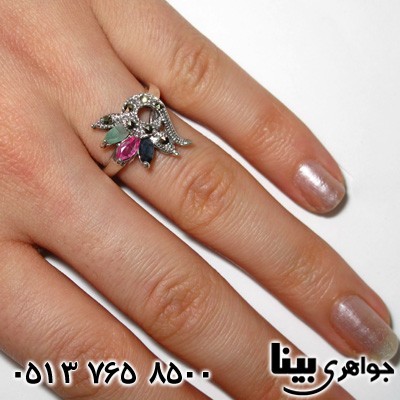 انگشتر چند جواهر یاقوت و زمرد فانتزی زنانه