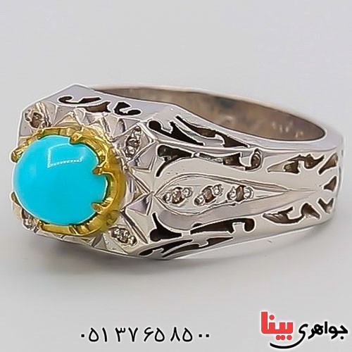 انگشتر فیروزه نیشابوری دست ساز و دور برلیانی _کد:23402