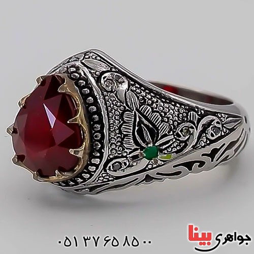 انگشتر یاقوت سرخ دست ساز فاخر و دور الماس مردانه _کد:23409