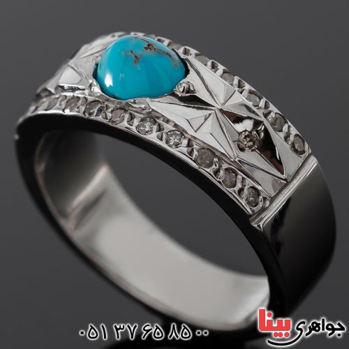 انگشتر فیروزه نیشابوری دور الماس مردانه _کد:23425