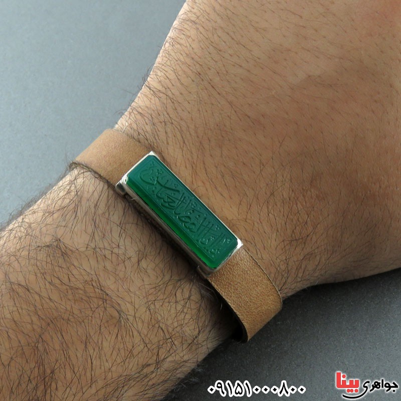 دستبند عقیق سبز خطی با بند چرمی درجه یک _کد:23850
