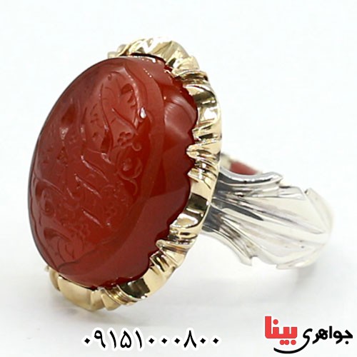 انگشتر عقیق یمنی خطی رودیوم و دست ساز مردانه _کد:24074