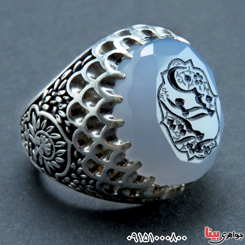 انگشتر عقیق یمنی کبود خطی تراش الماسی درشت _کد:24087