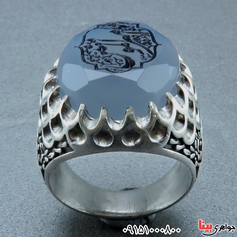 انگشتر عقیق یمنی کبود خطی تراش الماسی درشت _کد:24087