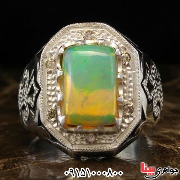 انگشتر اوپال خوشرنگ و دور برلیان مردانه _کد:24269