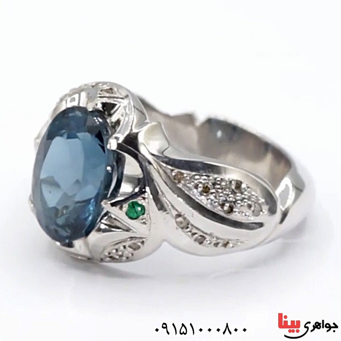 انگشتر توپاز دور الماس و زمرد خوشرنگ مردانه _کد:24557