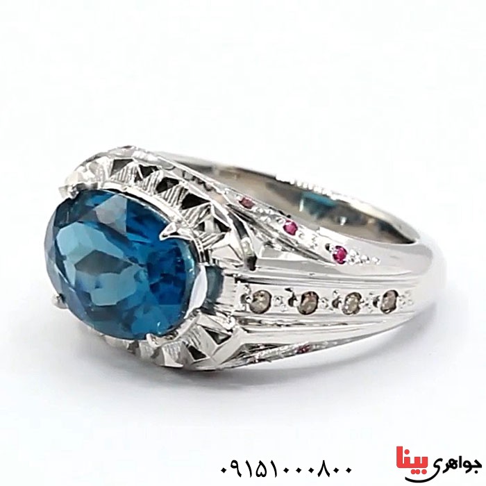 انگشتر توپاز دور یاقوت و الماس فاخر مردانه _کد:24558