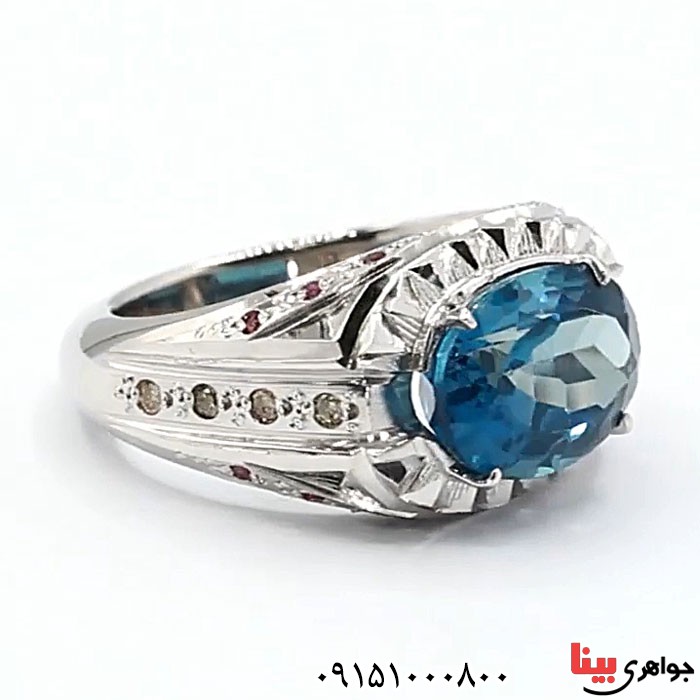 انگشتر توپاز دور یاقوت و الماس فاخر مردانه _کد:24558