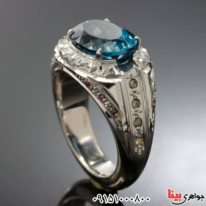 انگشتر توپاز دور یاقوت و الماس فاخر مردانه _کد:24558