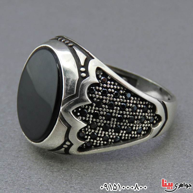 انگشتر عقیق سیاه (اونیکس) میکروستینگ مردانه خاص طرح ترک _کد:24832
