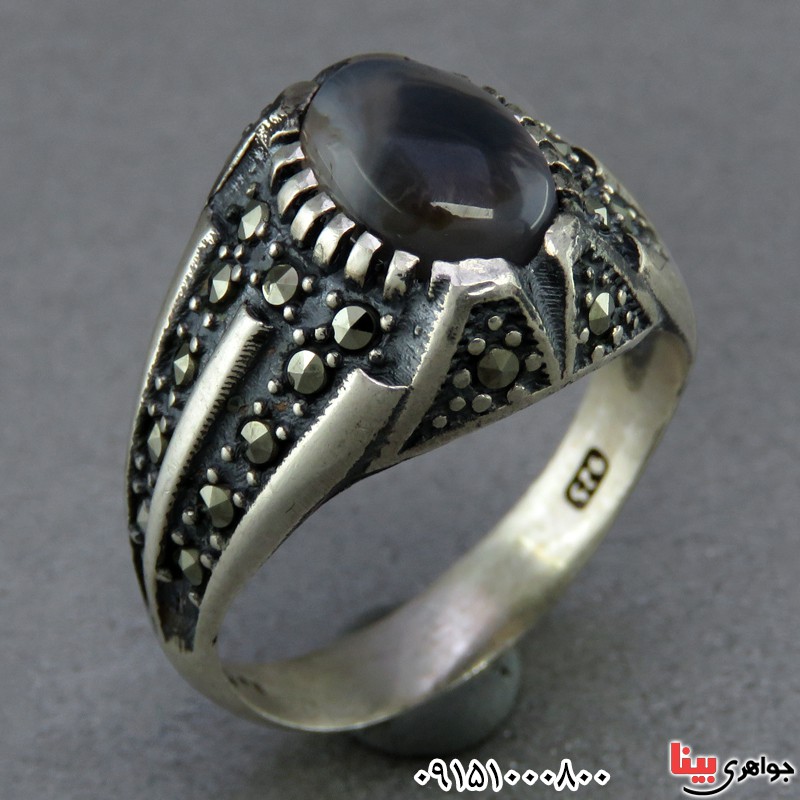 انگشتر عقیق شجری طبیعی مارکازیتی خاص و زیبا _کد:25172