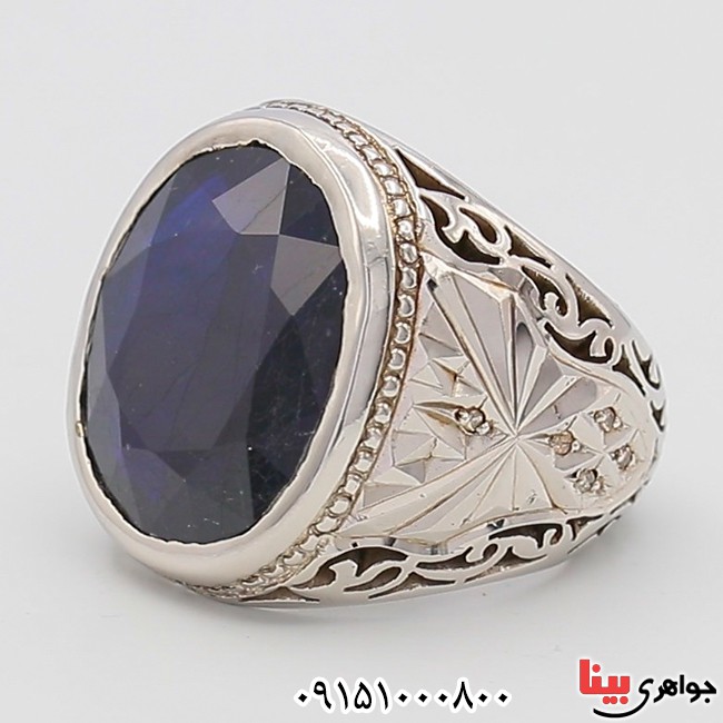 انگشتر یاقوت کبود و الماس مردانه دست ساز فاخر _کد:25467
