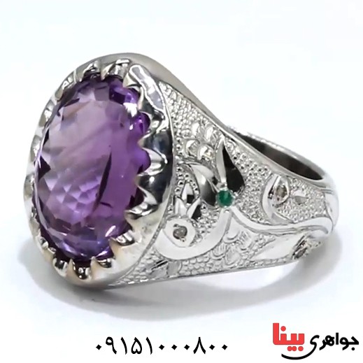 انگشتر آمتیست و الماس دست ساز مردانه _کد:25525