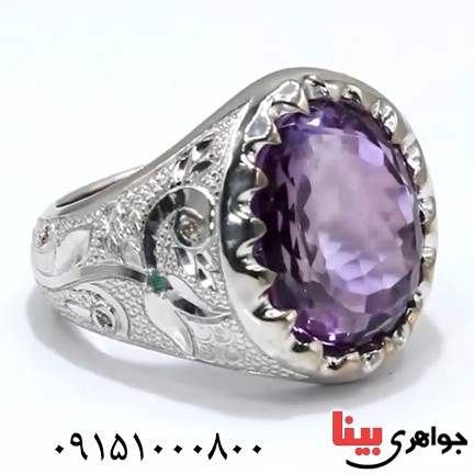 انگشتر آمتیست و الماس دست ساز مردانه _کد:25525
