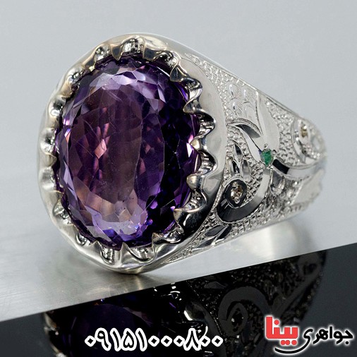 انگشتر آمتیست و الماس دست ساز مردانه _کد:25525