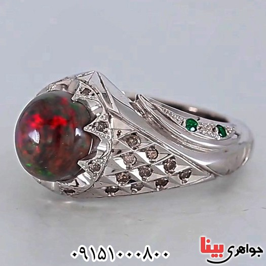 انگشتر اوپال خوشرنگ دور الماس مردانه فاخر بسیار زیبا 