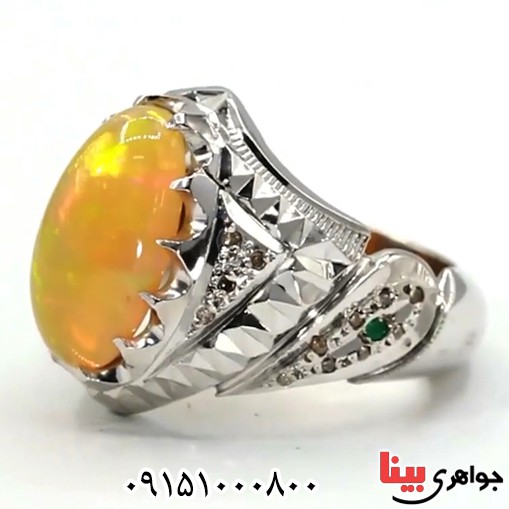 انگشتر اوپال دور الماس دست ساز فاخر مردانه خوشرنگ 