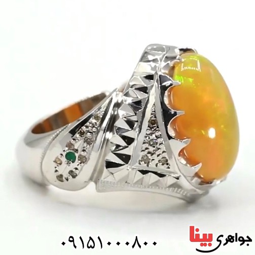انگشتر اوپال دور الماس دست ساز فاخر مردانه خوشرنگ _کد:25616
