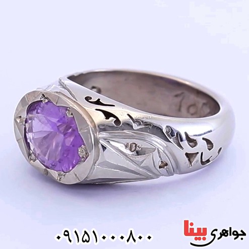 انگشتر آمتیست خوشرنگ و الماس دست ساز مردانه _کد:25629