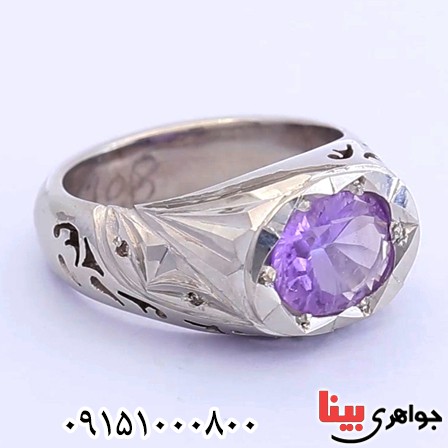 انگشتر آمتیست خوشرنگ و الماس دست ساز مردانه _کد:25629