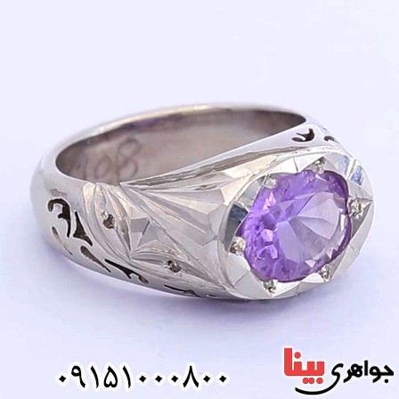 انگشتر آمتیست خوشرنگ و الماس دست ساز مردانه _کد:25629