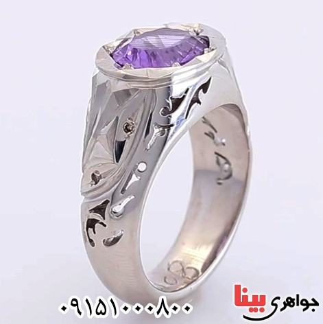 انگشتر آمتیست خوشرنگ و الماس دست ساز مردانه _کد:25629