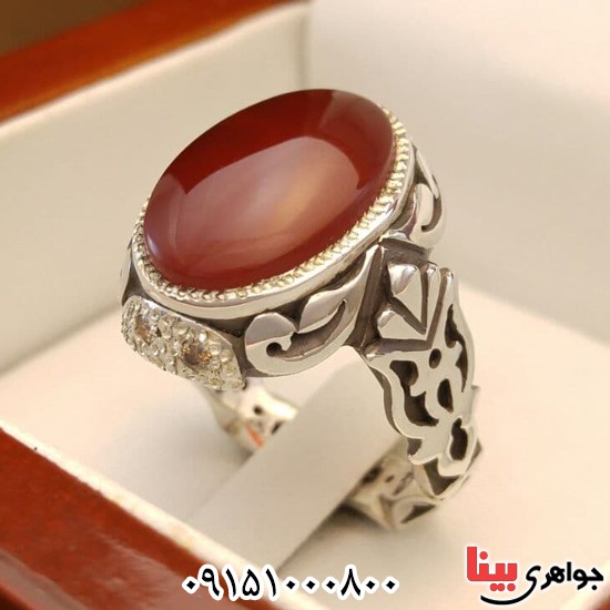 انگشتر عقیق یمنی سرخ دست ساز و دور برلیان مردانه _کد:25929