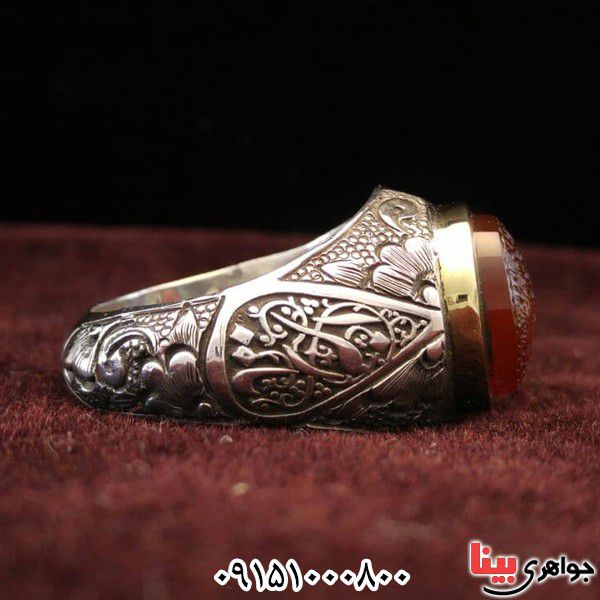 انگشتر عقیق یمنی خوشرنگ خاص خطی با حکاکی ومن یتق الله _کد:25963 انگشتر عقیق یمنی خوشرنگ خاص خطی با حکاکی ومن یتق الله _کد:25963