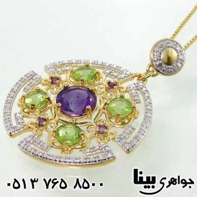 گردنبند چند جواهر درشت آمتیست، زبرجد و الماس