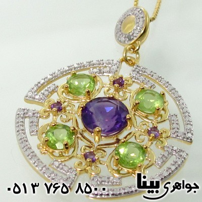 گردنبند چند جواهر درشت آمتیست، زبرجد و الماس