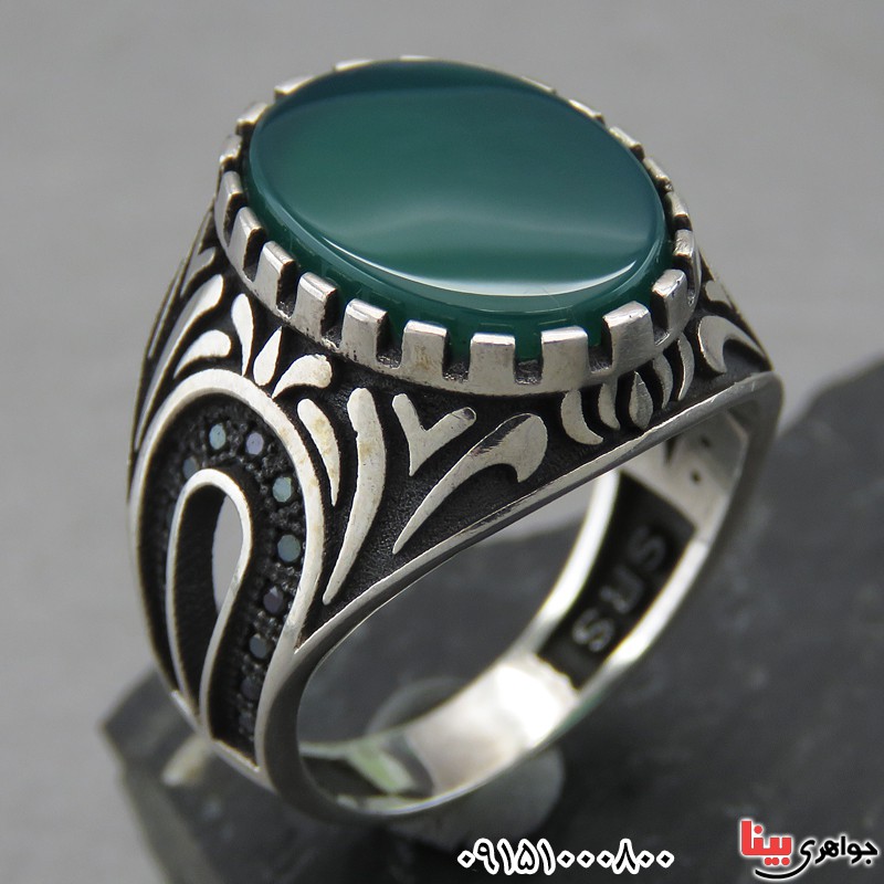 انگشتر عقیق سبز مردانه خوشرنگ میکروستینگ زیبا _کد:27296
