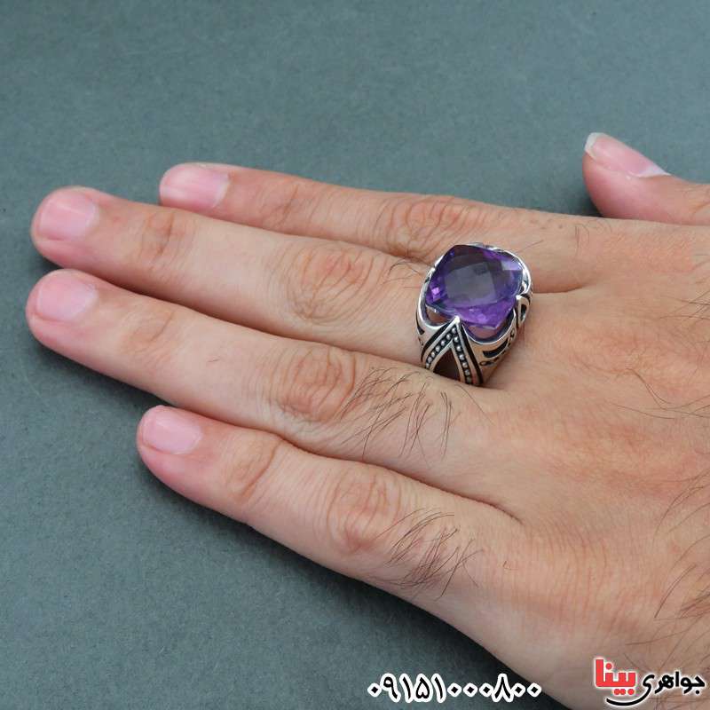 انگشتر آمتیست خوشرنگ مردانه با تراش الماسی _کد:27745