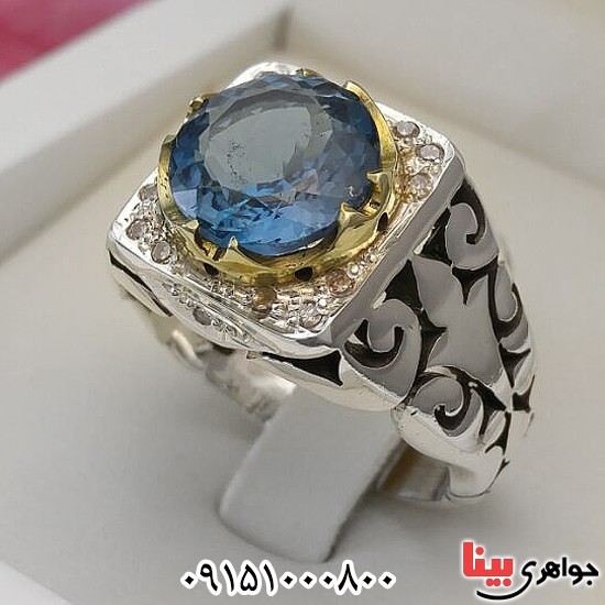 انگشتر توپاز سوئیسی دست ساز دور برلیان فاخر _کد:28100
