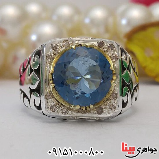 انگشتر توپاز سوئیسی دست ساز دور برلیان فاخر _کد:28100