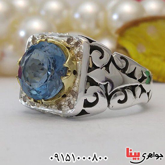 انگشتر توپاز سوئیسی دست ساز دور برلیان فاخر _کد:28100