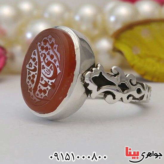 انگشتر عقیق یمنی سرخ خطی با حکاکی یا قمر بنی هاشم دست ساز _کد:28101