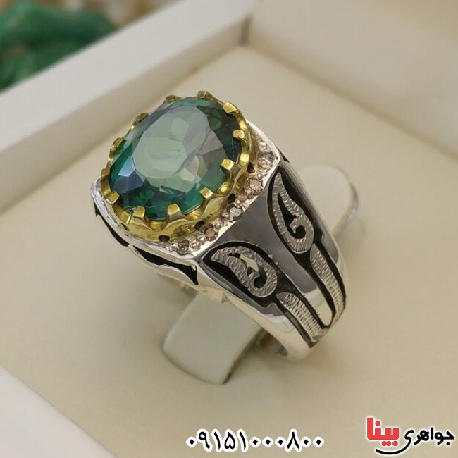 انگشتر توپاز سبز فاخر دور برلیان دست ساز _کد:28162